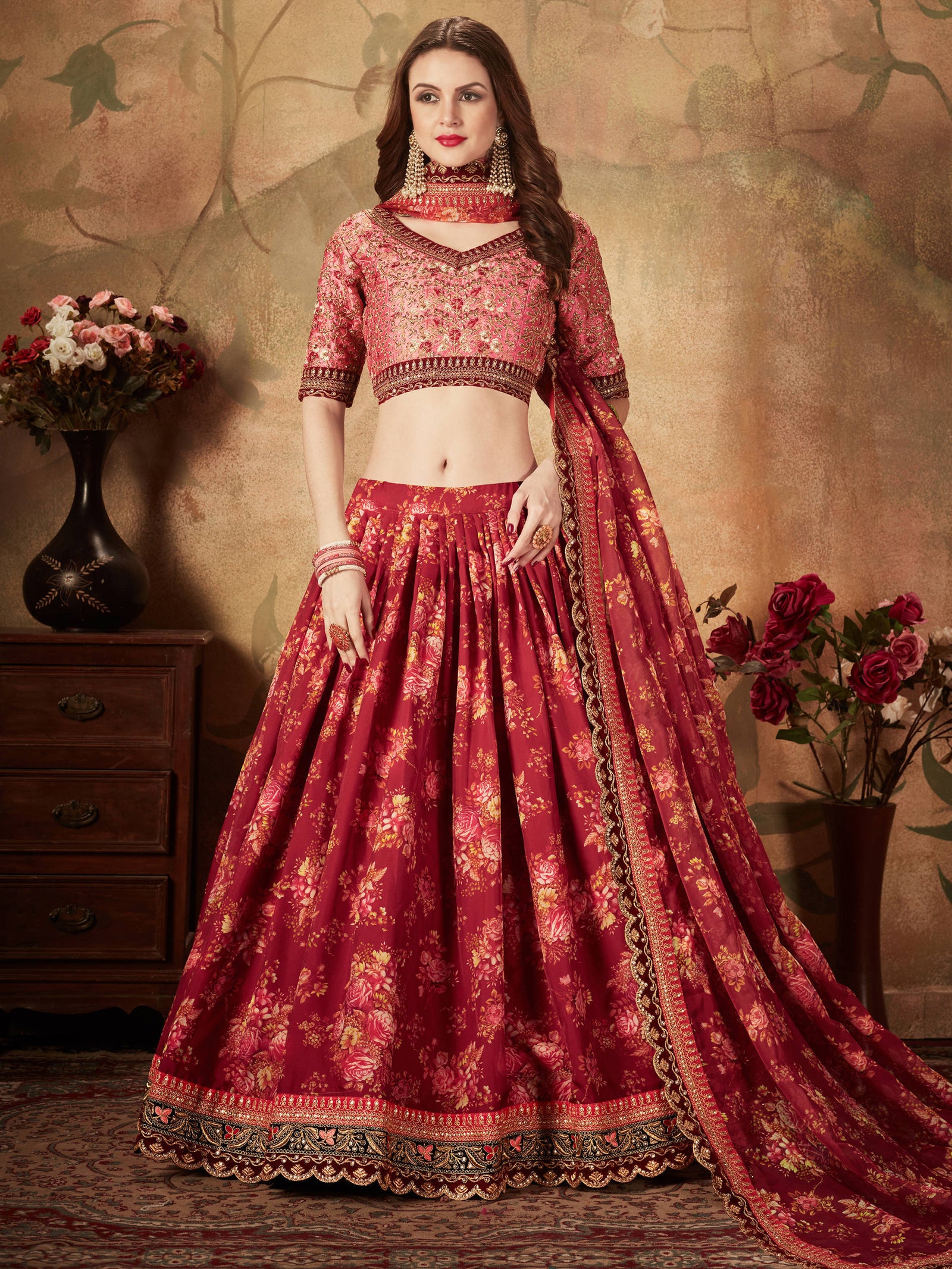 Stunning Maroon Floral Print Organza Silk Wedding Lehenga Choli With Peach Blouse ClothsVilla