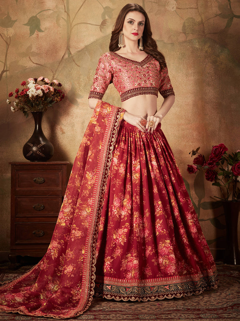 Stunning Maroon Floral Print Organza Silk Wedding Lehenga Choli With Peach Blouse ClothsVilla