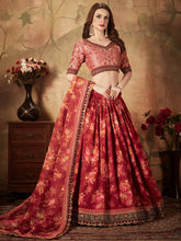 Load image into Gallery viewer, Stunning Maroon Floral Print Organza Silk Wedding Lehenga Choli With Peach Blouse ClothsVilla