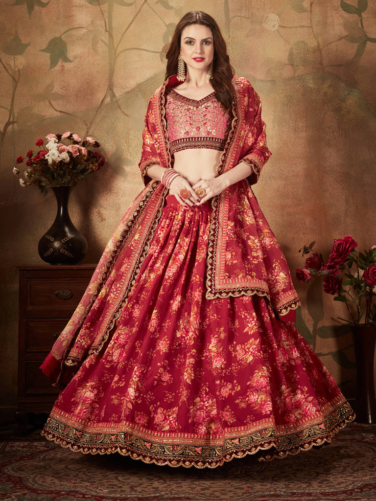 Stunning Maroon Floral Print Organza Silk Wedding Lehenga Choli With Peach Blouse ClothsVilla