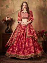 Load image into Gallery viewer, Stunning Maroon Floral Print Organza Silk Wedding Lehenga Choli With Peach Blouse ClothsVilla