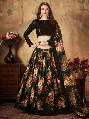 Mesmerizing Black Floral Print Organza Silk Wedding Lehenga Choli With Blouse ClothsVilla
