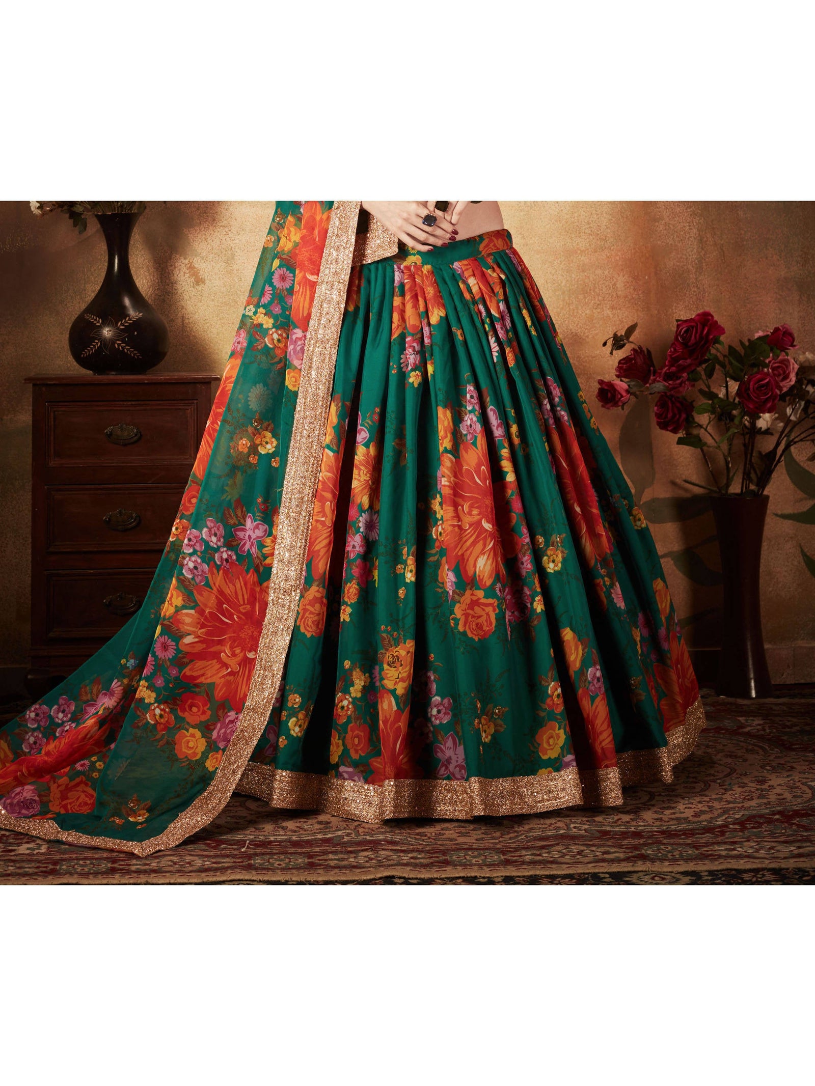 Graceful Green-Orange Sabyasachi Designer Digital Printed Lehenga Choli ClothsVilla
