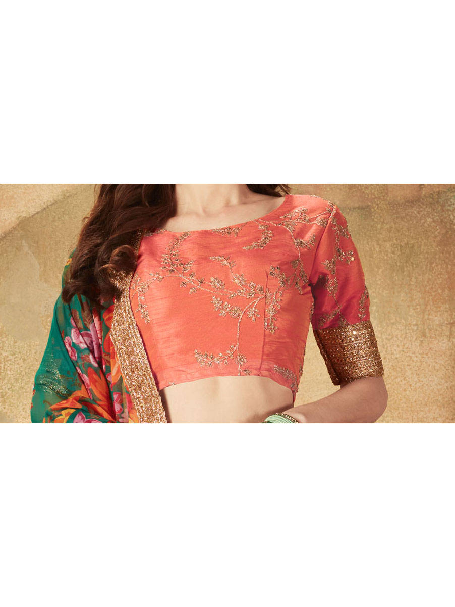 Graceful Green-Orange Sabyasachi Designer Digital Printed Lehenga Choli Secondary image