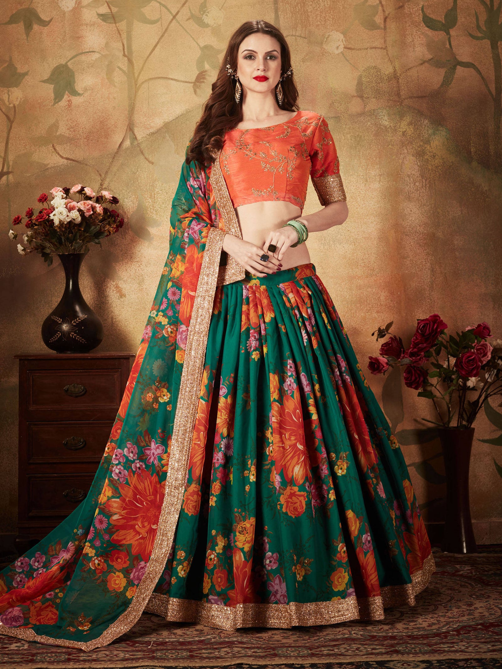 Refreshing Dark Green Floral Print Organza Silk Wedding Lehenga Choli With Orange Blouse ClothsVilla