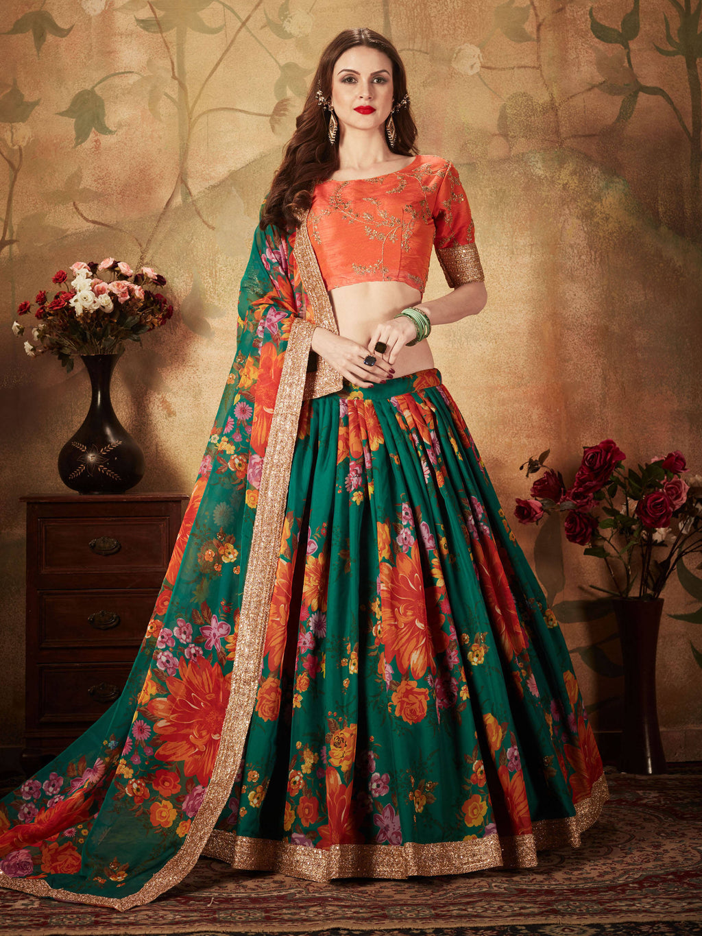 Refreshing Dark Green Floral Print Organza Silk Wedding Lehenga Choli With Orange Blouse ClothsVilla