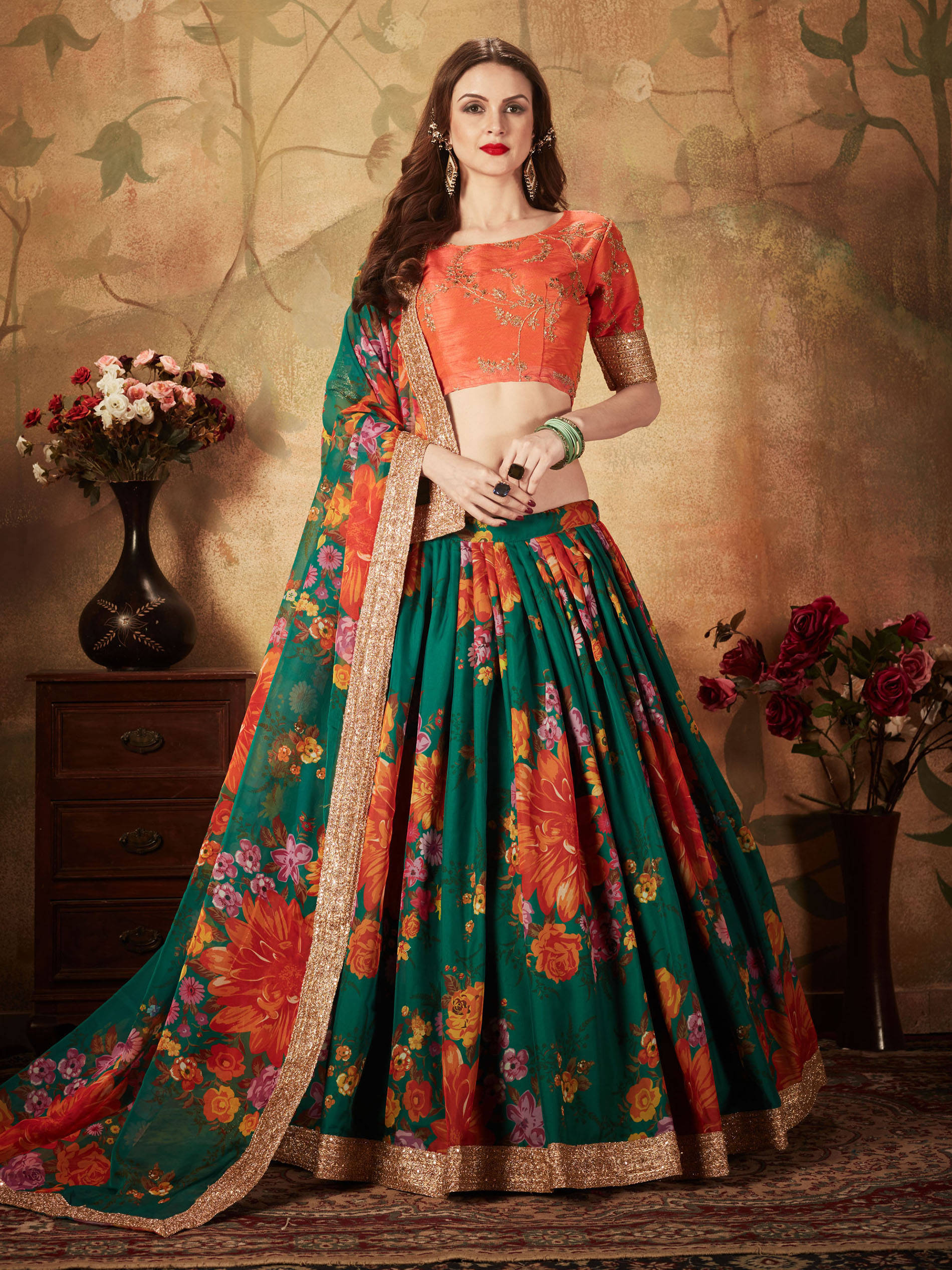 Refreshing Dark Green Floral Print Organza Silk Wedding Lehenga Choli With Orange Blouse ClothsVilla