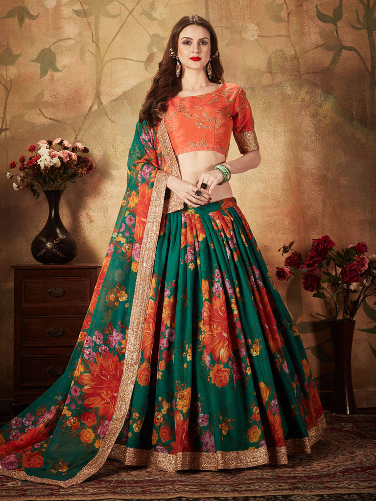 Refreshing Dark Green Floral Print Organza Silk Wedding Lehenga Choli With Orange Blouse ClothsVilla
