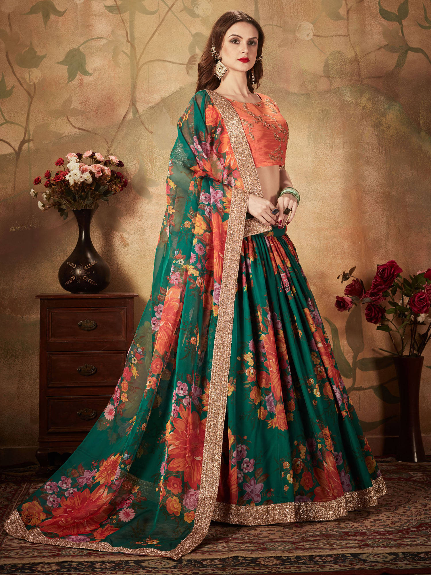Refreshing Dark Green Floral Print Organza Silk Wedding Lehenga Choli With Orange Blouse Secondary image
