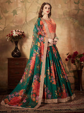 Load image into Gallery viewer, Refreshing Dark Green Floral Print Organza Silk Wedding Lehenga Choli With Orange Blouse ClothsVilla