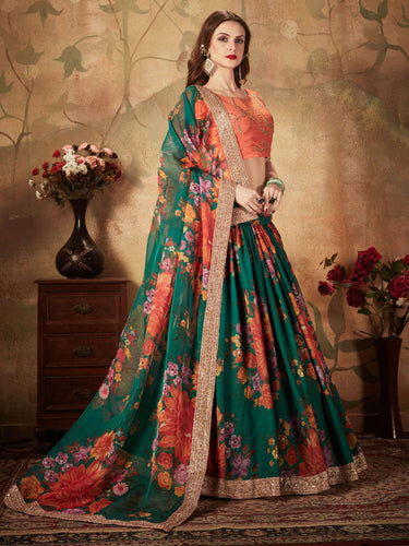 Refreshing Dark Green Floral Print Organza Silk Wedding Lehenga Choli With Orange Blouse ClothsVilla