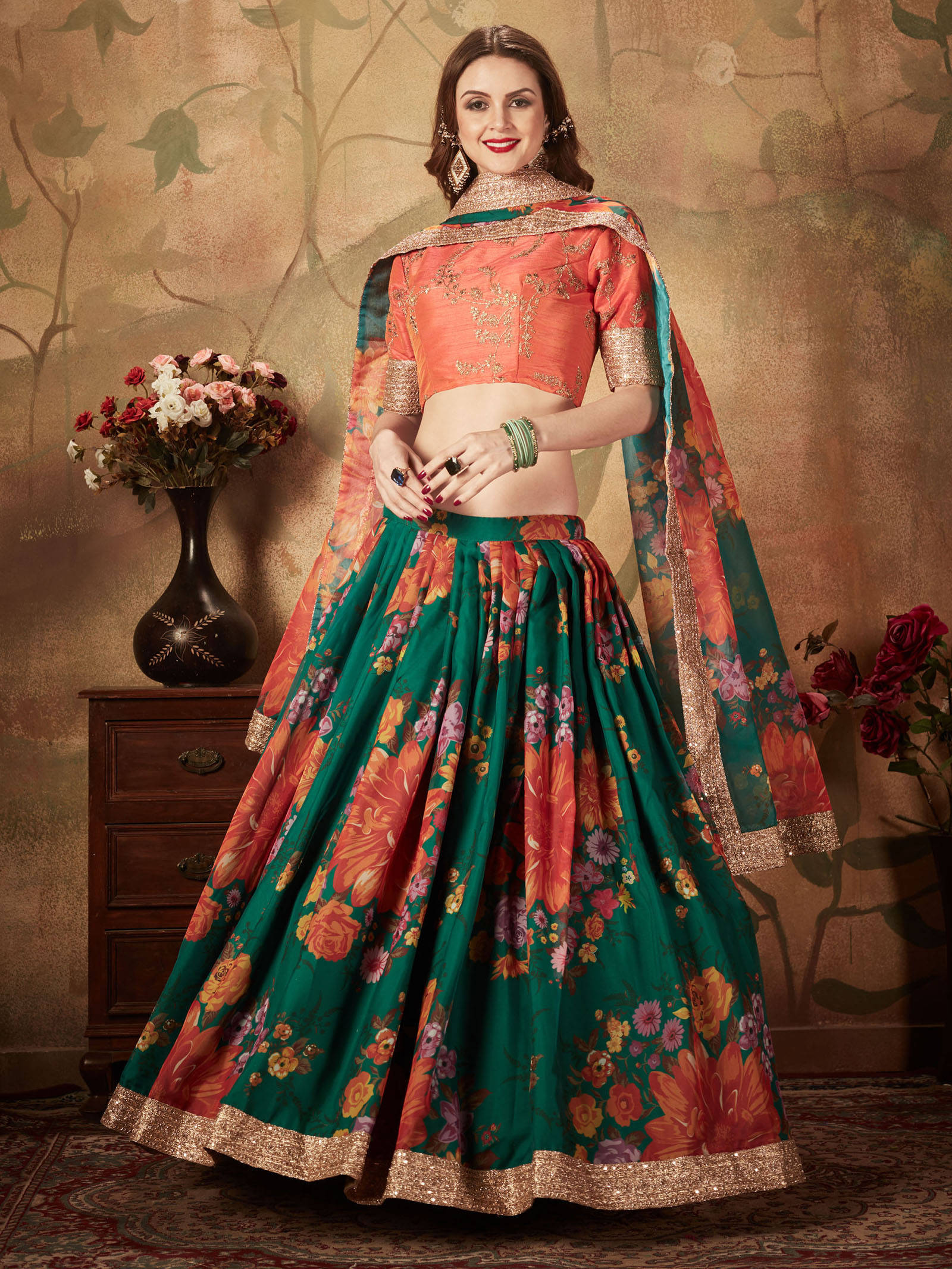 Refreshing Dark Green Floral Print Organza Silk Wedding Lehenga Choli With Orange Blouse ClothsVilla
