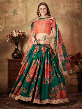 Refreshing Dark Green Floral Print Organza Silk Wedding Lehenga Choli With Orange Blouse ClothsVilla