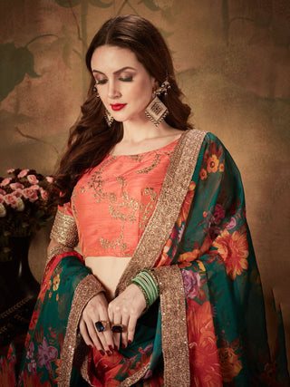 Refreshing Dark Green Floral Print Organza Silk Wedding Lehenga Choli With Orange Blouse ClothsVilla