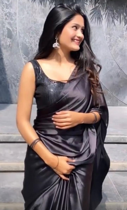 Satin Saree in Dark Gray Color with Unstitched Sequence Blouse ClothsVilla