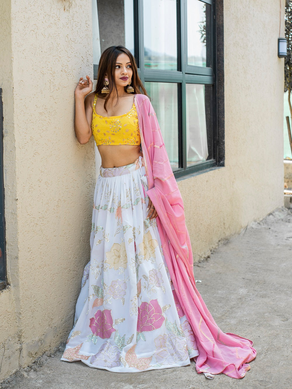 White And Pink Color Embroidery Work Lehenga Choli With Georgette Dupatta Clothsvilla