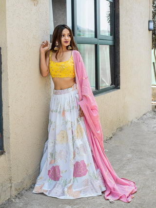 White And Pink Color Embroidery Work Lehenga Choli With Georgette Dupatta Clothsvilla