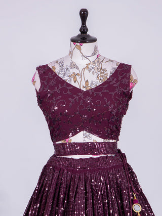 Wine Color Sequins and Thread Embroidery Work Georgette Lehenga Clothsvilla
