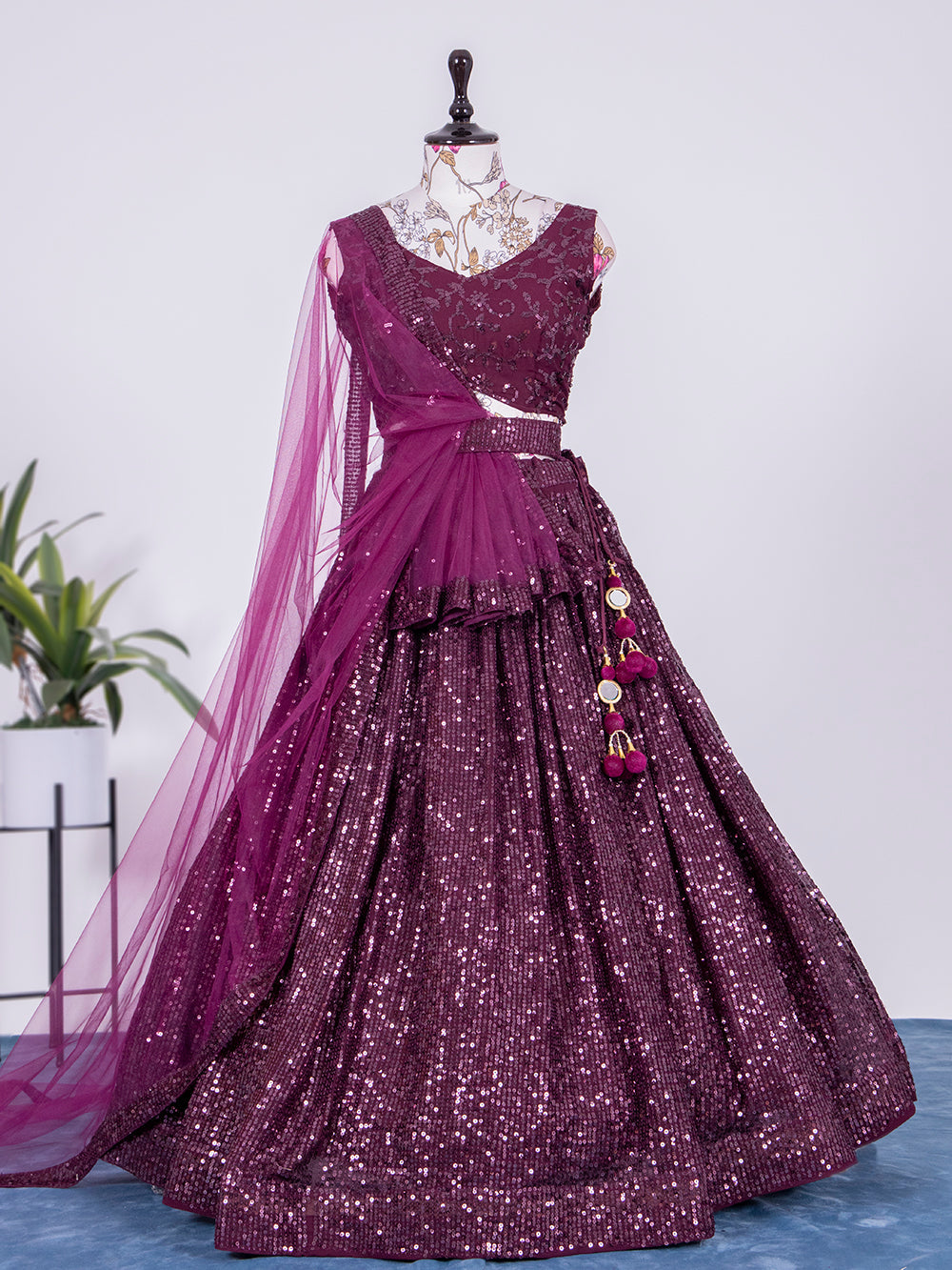 Wine Color Sequins and Thread Embroidery Work Georgette Lehenga Clothsvilla