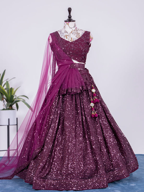 Wine Color Sequins and Thread Embroidery Work Georgette Lehenga Clothsvilla