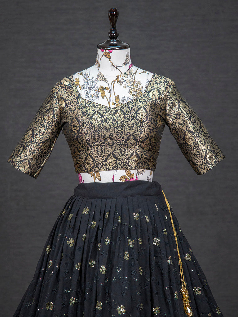 Black Color Sequins And Thread Embroidery Work Georgette Lehenga Choli Set Clothsvilla