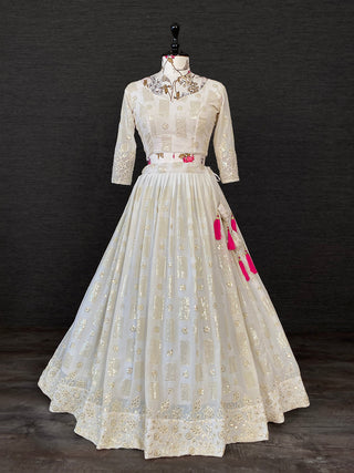 White Color Sequins And Thread Embroidery Work Georgette Lehenga Choli With Muslin Silk Dupatta Clothsvilla