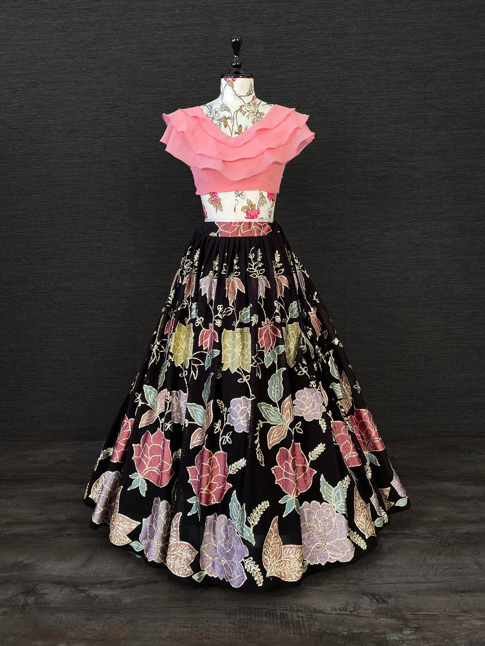 Black & Pink Color Thread And Sequins Embroidery Work Georgette Two Piece Lehenga Set Clothsvilla