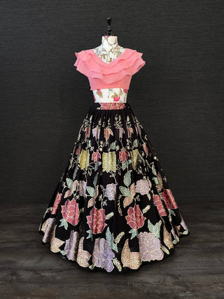 Black & Pink Color Thread And Sequins Embroidery Work Georgette Two Piece Lehenga Set Clothsvilla