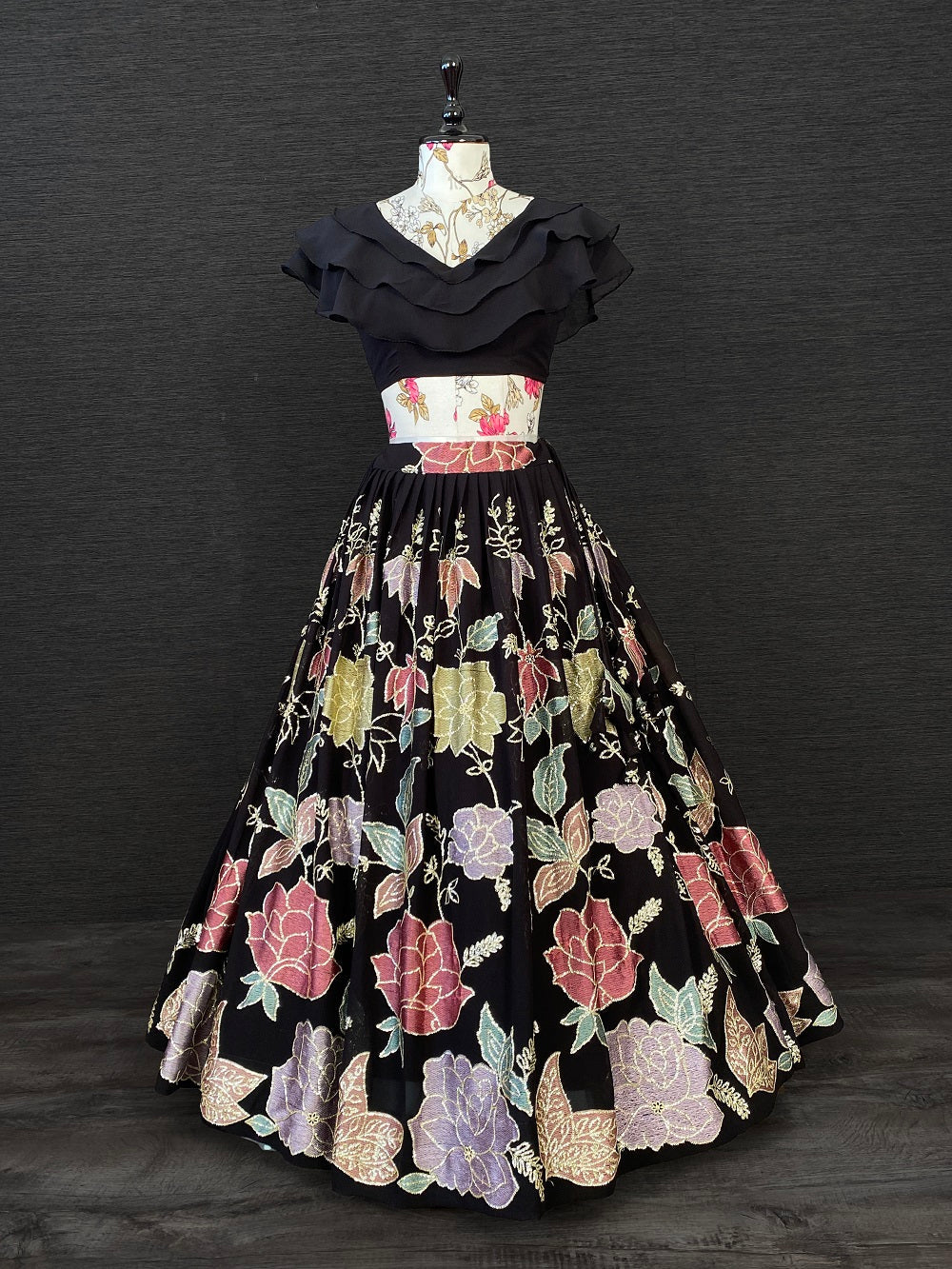 Black Color Thread And Sequins Embroidery Work Georgette Crop-Top Clothsvilla