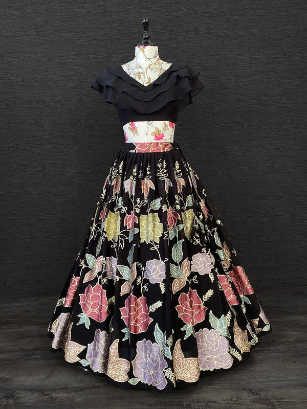 Black Color Thread And Sequins Embroidery Work Georgette Crop-Top Clothsvilla