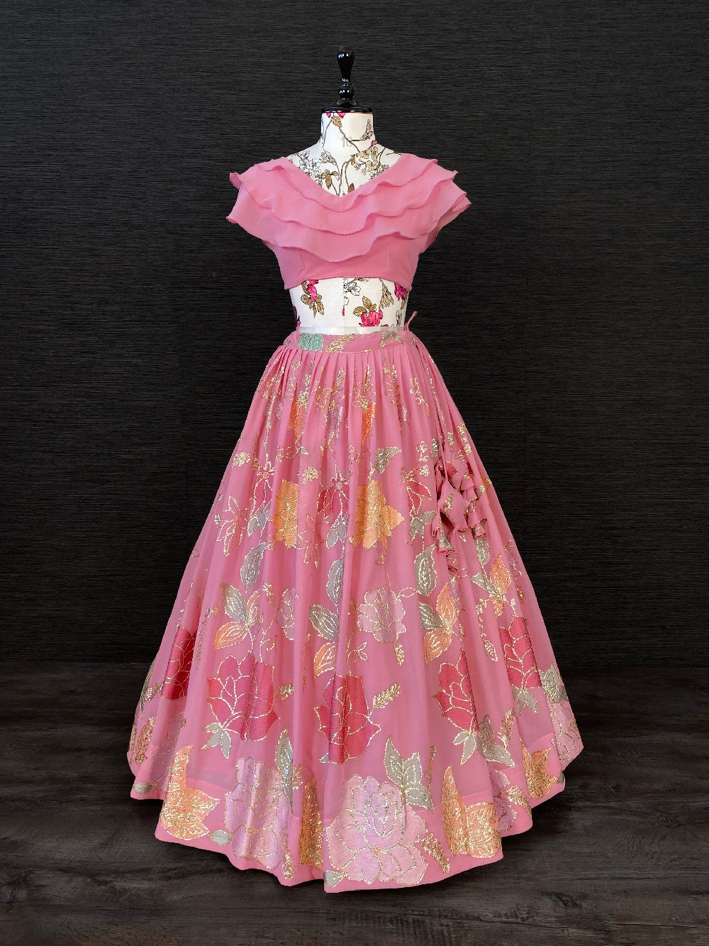 Pink Color Thread And Sequins Embroidery Work Georgette Crop-Top Clothsvilla