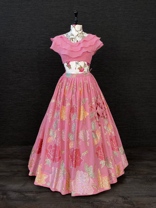Pink Color Thread And Sequins Embroidery Work Georgette Crop-Top Clothsvilla