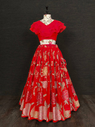 Red Color Thread And Sequins Embroidery Work Georgette Lehenga Set Clothsvilla