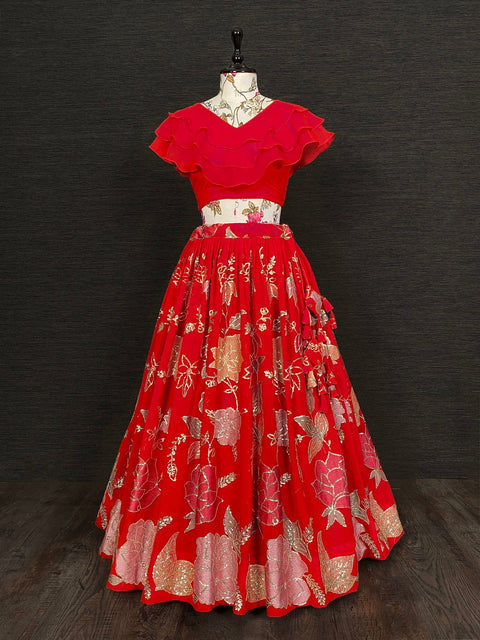 Red Color Thread And Sequins Embroidery Work Georgette Lehenga Set Clothsvilla Main image