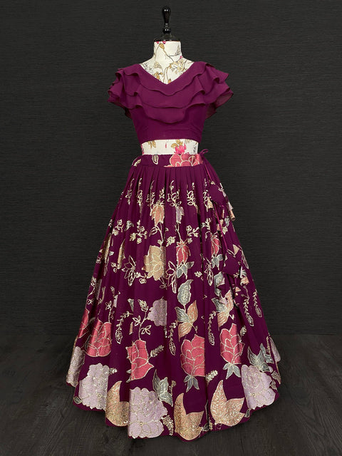 Wine Color Thread And Sequins Embroidered Work Georgette Lehengha Choli Clothsvilla Main image