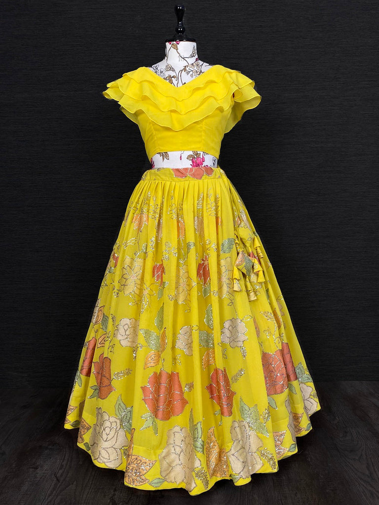 Yellow Color Sequins And Thread Embroidery Work Georgette Lehenga Choli Clothsvilla
