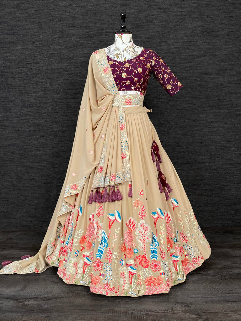 Chiku Color Thread And Sequins Embroidery Work Georgette Lehenga Choli And Dupatta With Belt Clothsvilla