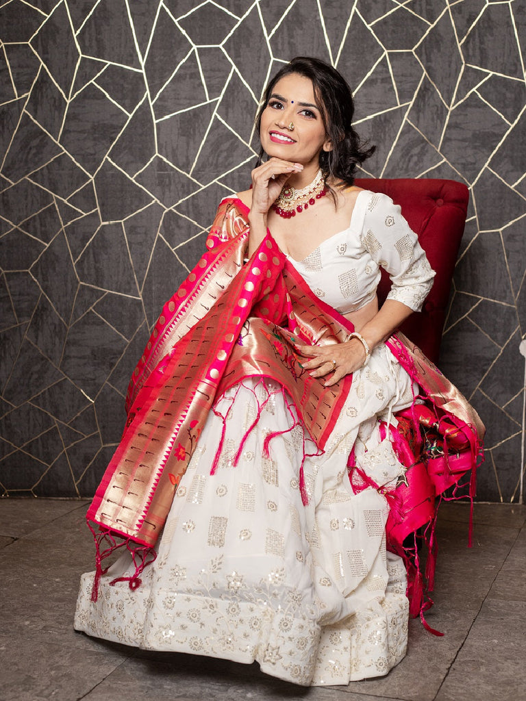 White Color Sequins And Thread Embroidery Work Georgette Lehenga Choli With Jacquard Dupatta Clothsvilla