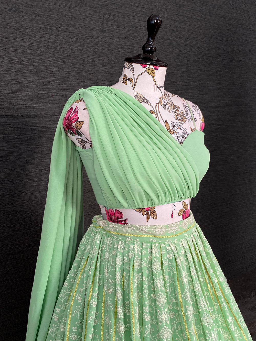 Pista Color Lucknowi Thread Work Georgette Party Wear Lehenga Choli Set Clothsvilla