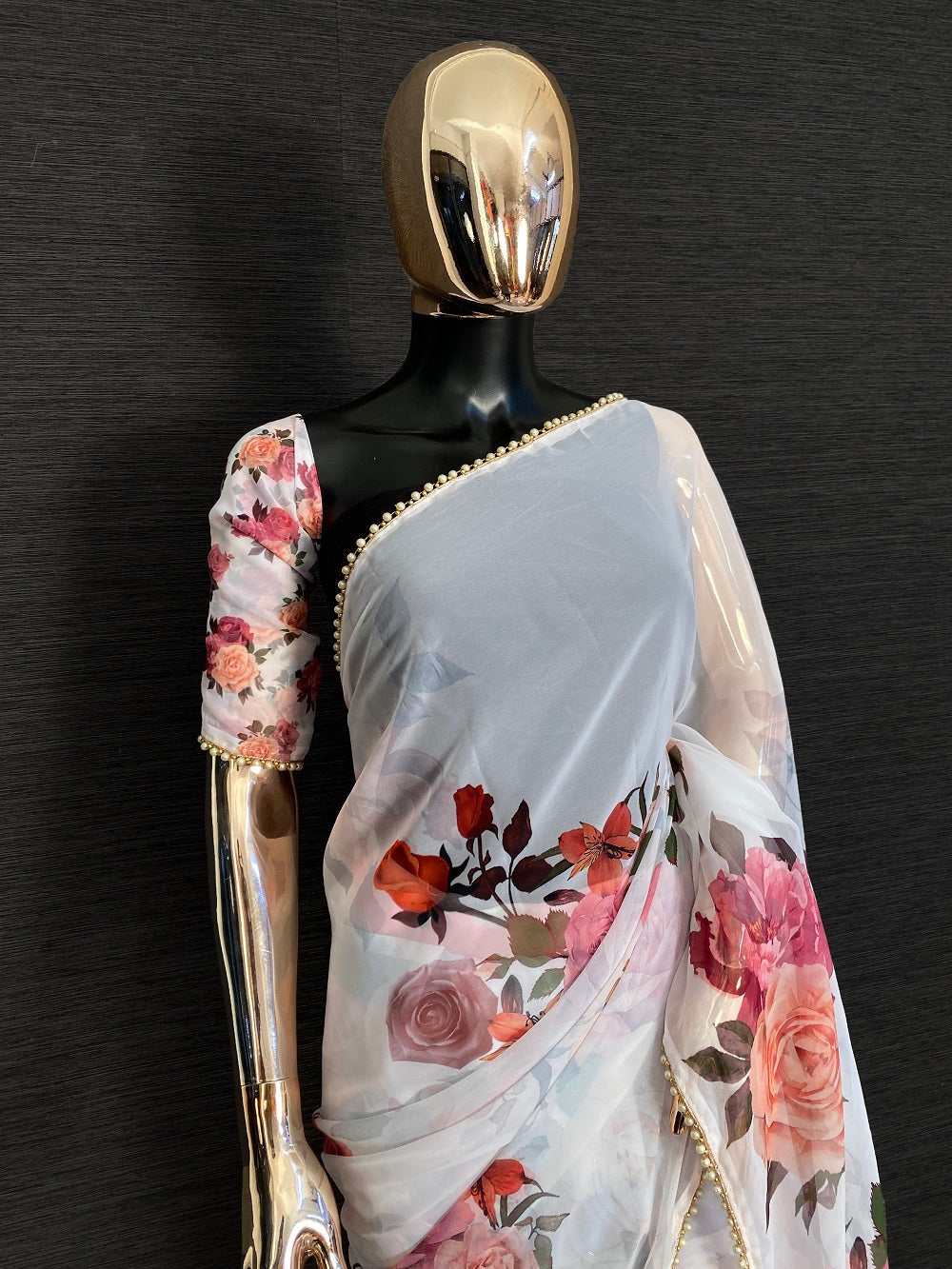 White Color Floral Digital Printed Georgette Saree With Pearl Lace Border Clothsvilla