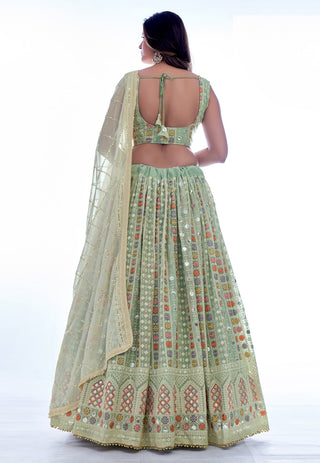 Pista Green Multi Sequence Embroidery Wedding Lehenga Choli Clothsvilla