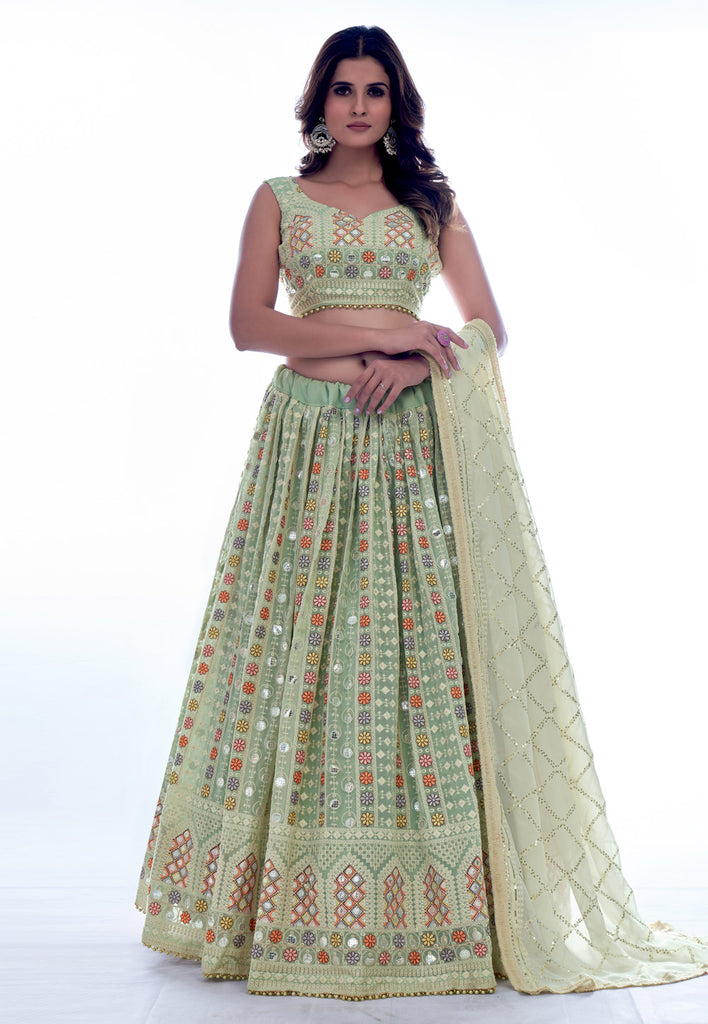 Pista Green Multi Sequence Embroidery Wedding Lehenga Choli Clothsvilla