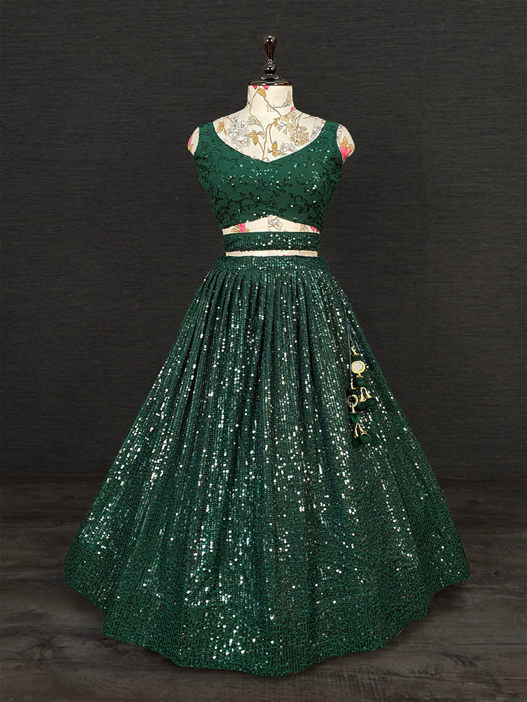 Green Color Sequins Embroidery Work Georgette Party Wear Lehenga Choli With Net Dupatta Clothsvilla