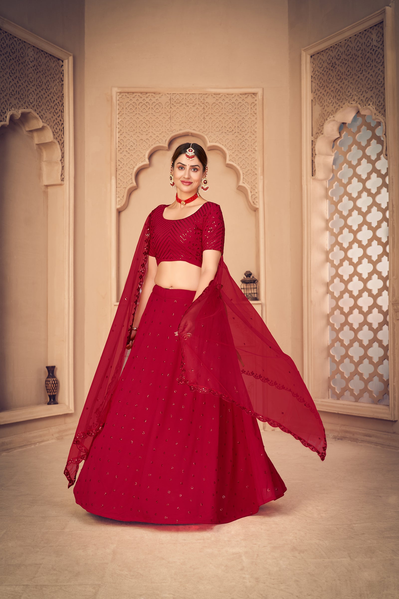 Georgette Fabric Wedding Wear Embroidered Lehenga Choli In Red Color ClothsVilla