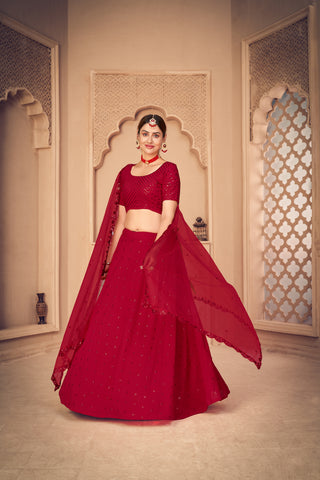 Georgette Fabric Wedding Wear Embroidered Lehenga Choli In Red Color ClothsVilla