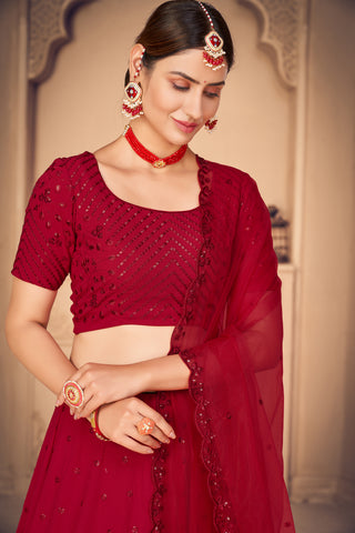 Georgette Fabric Wedding Wear Embroidered Lehenga Choli In Red Color ClothsVilla