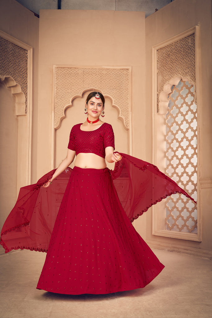 Georgette Fabric Wedding Wear Embroidered Lehenga Choli In Red Color ClothsVilla