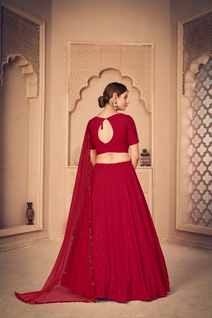 Georgette Fabric Wedding Wear Embroidered Lehenga Choli In Red Color ClothsVilla