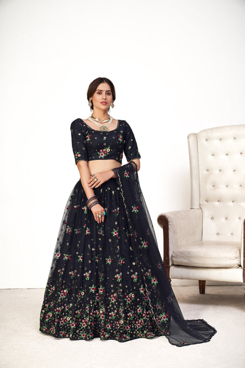 Glamorous Navy-Blue Embroidered Net Party Wear Lehenga Choli ClothsVilla Main image
