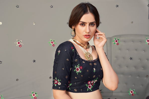 Glamorous Navy-Blue Embroidered Net Party Wear Lehenga Choli ClothsVilla